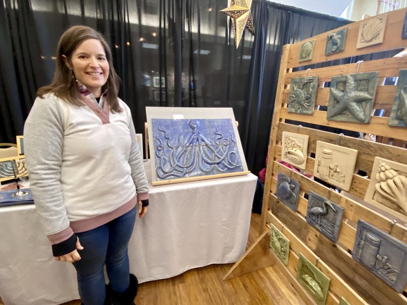 Mary Yeagley Bower of Compile Tile creates hand-sculpted decorative tiles with a nod to Cape Region beach life.