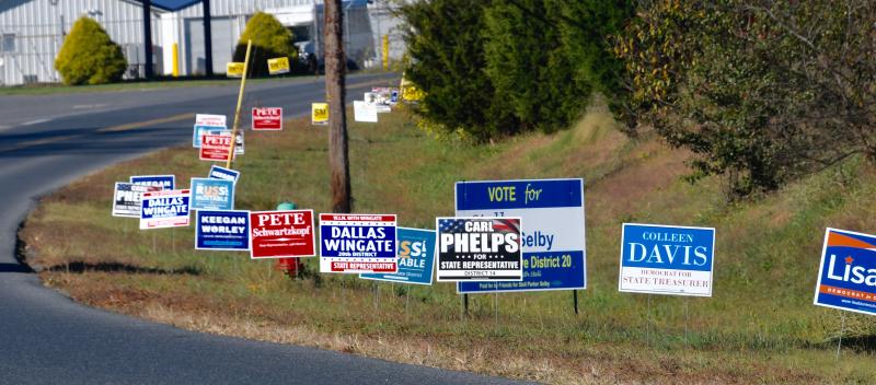 A large concentration of political signs line Janice Road leading to Lewes Fire Department Station 2, which was used for early voting. RON MACARTHUR PHOTO