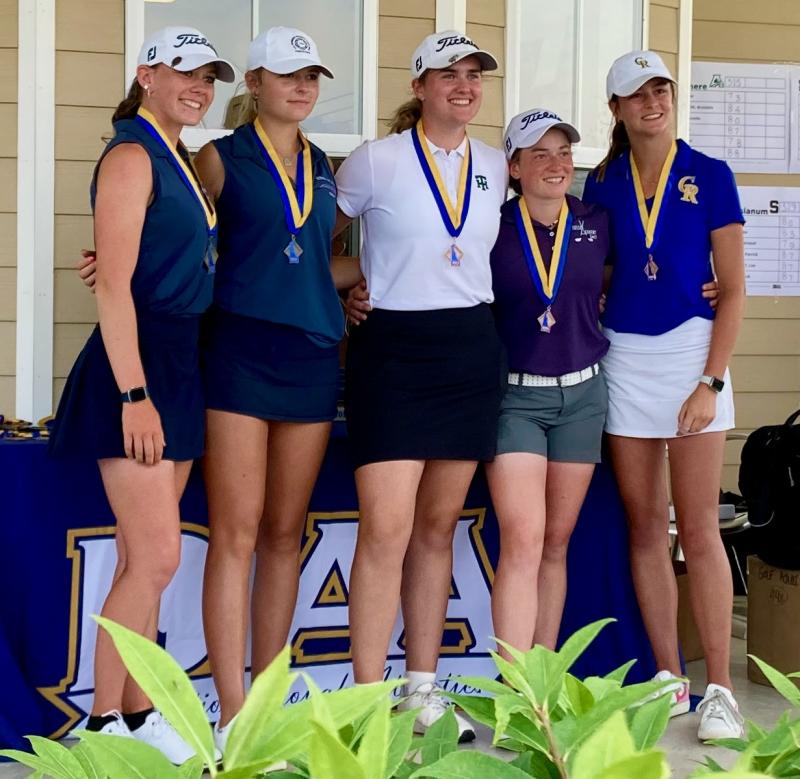 The first five medalists in the girls’ championship category in this year’s DIAA State Golf Championship shown in order of finish are (l-r) Hannah Lydic of Sussex Academy, Sawyer Brockstedt of Sussex Academy, Avery McCrery of Tower Hill, Sarah Lydic of Sussex Academy and Reagan Garnsey of Caesar Rodney. FRITZ SCHRANCK PHOTO