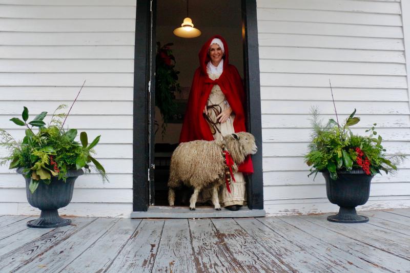 Laura Brittingham, co-owner of Brittingham Farms, ducks out of the rain with Charlie. As a Leicester Longwool heritage breed sheep, Charlie can trace his heritage back to George Washington’s sheep at Mount Vernon.