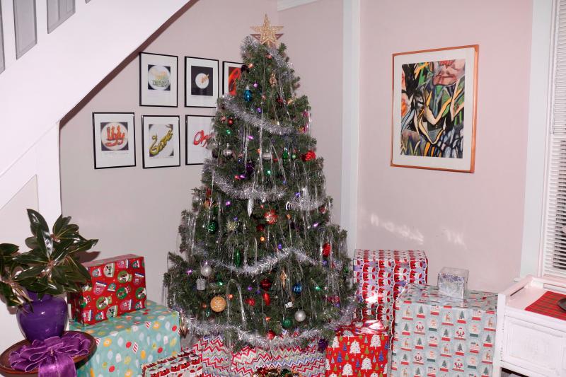 No sign of SpongeBob inside The Pineapple House, but the artists who own 121 Franklin St. do have some squares of pretty cool art around their Christmas tree.