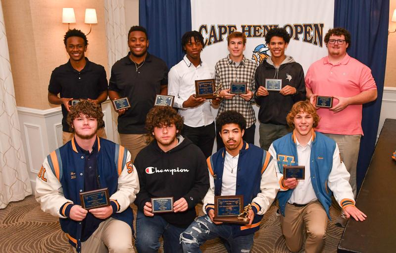 Getting team awards at the banquet are in back (l-r) Machi Savage, JV Sportsmanship; Thomas Gibbs, Defensive Trenches; Maurki James, MVP; Joe Coveleski, Varsity Sportsmanship; Keishawn Mansfield, Universal Skills; and Ryan Betins, Offensive Trenches. In front are Nate Horn, Sam Russell Award; Adam Callahan, Coaches Award; Thomas Messick, MVP; and Ethan Felker, Most Improved Defense. Not shown is Lucas Stevenson, Most Improved Offensive Player.