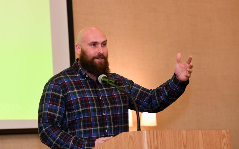Junior varsity coach Zach Horstmyer speaks about team members being great young men, not just football players.