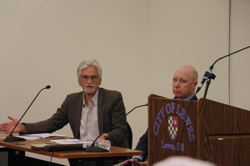 Sussex County Engineer Hans Medlarz and Sussex County Administrator Todd Lawson answer questions at the workshop.