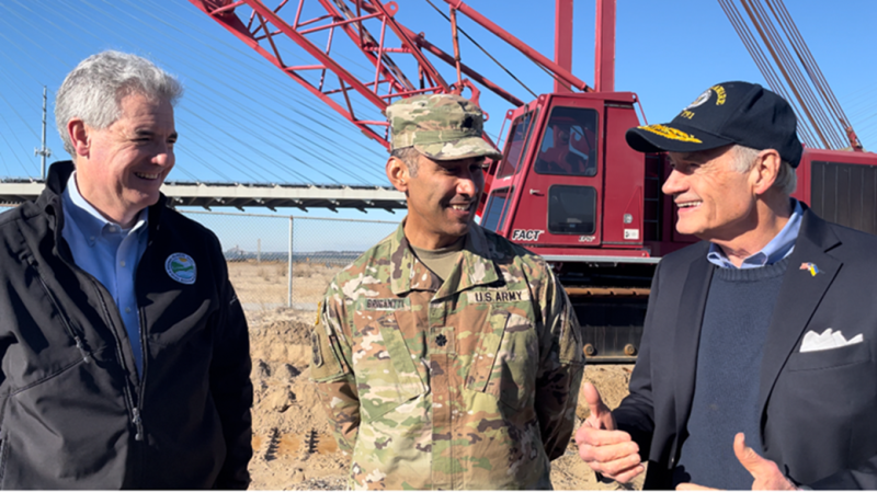 DNREC Secretary Shawn Garvin, U.S. Army Corps of Engineers Lt. Col. Ramon Brigantti and U.S. Sen. Tom Carper discuss WRDA 2022 and the provisions it includes for the Indian River Inlet sand bypass plant. SUBMITTED PHOTO