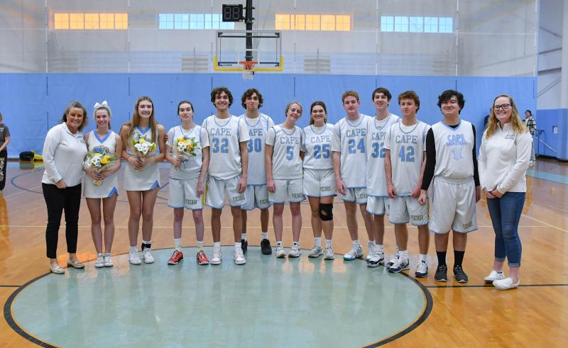 The Cape Henlopen unified basketball team’s Class of 2023 was celebrated Feb. 21. Shown are (l-r) coach Jenn Hagan, Kayla Lorah, Sarah Coty, Peyton Lamson, Daniel Shives, Alexander Shives, Mackinzie Brown, Grace Hudson, Declan Morrissey, Brexton Carter, Luke Burton, Jerome Kochinsky and assistant coach Elizabeth Shea. DAN COOK PHOTOS