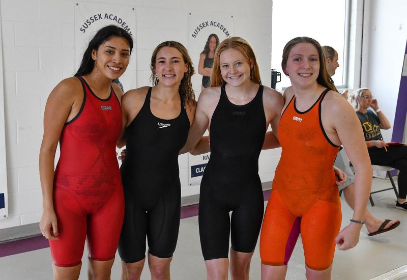 Sussex Academy took first in the 200 free relay with a time of 1:43.78. Shown are (l-r) Itzel Gomez-Sanchez, Eve Mundok, Addison McKay and Gracie Maughan.