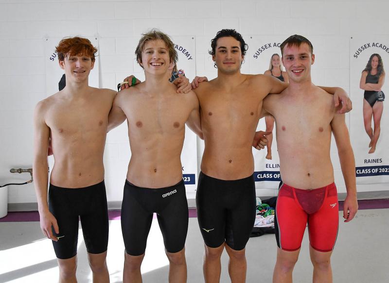 The Indian River 200 free relay team took first place with a time of 1:31.15. Shown are (l-r) Shane Hall, Alexander Arnold, Themo Rigakos and Evan Peterson.