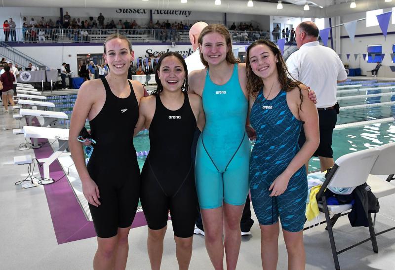 Cape’s 400 free relay team swam to first place with a time of 3:52.41. Shown are (l-r) Anna Sullivan, Sidney Caldwell, Jenna Reinhold and Hailey Hassell.