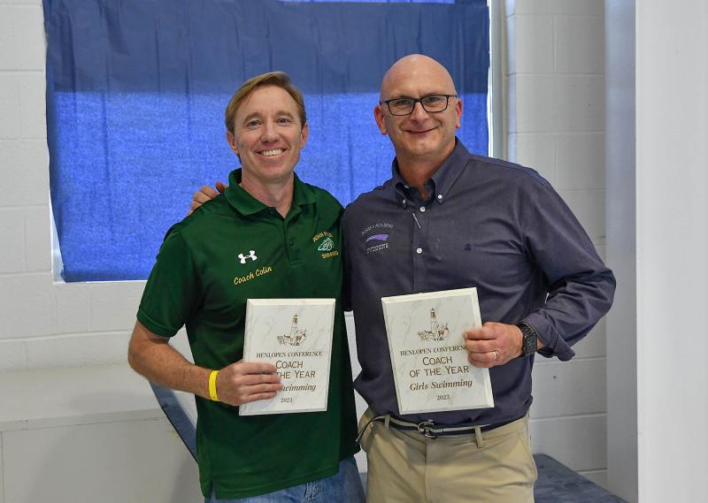 Voted by their peers as the 2023 Henlopen Conference Coaches of the Year are Indian River’s Colin Crandel for the boys, left, and Sussex Academy’s Tom Martiner for the girls.