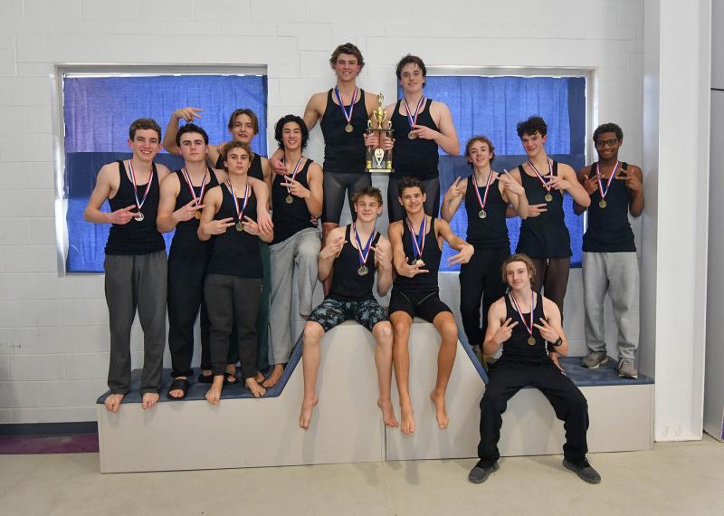 The Cape boys’ team took top honors in the conference, going undefeated in the regular season and winning the conference swim meet. Shown in back are (l-r) Kieran Morrissey, Oakley Roberts, Ryan Morgan, Kevin Lewandowski, Mack Leonhartt, Andrew Criswell, Brian Fleming, Ellis Jack, Luke Robertson and Trenton Neal. In front are Holden Tighe, Shane Toback and Jacob Gabbard. DAN COOK PHOTOS
