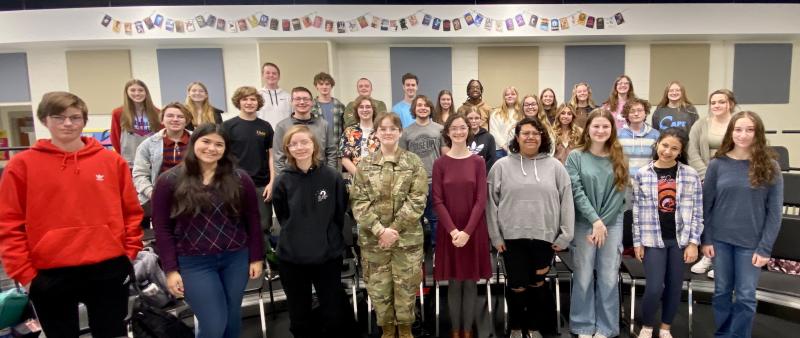 Cape High students earning band and choir honors are in back (l-r) Lily Noonan, Kathryn Costello, Liam Ramsey, Conor Wiedmann, Chance Trumbauer, Chris Runde, Sara Dawson, Samuel Mincey, Julia Burrell, Amelia Bickel, Hadyn Carter-Hanson, Mia Phelps and Brianna Burrell. In the middle are Elliot Giglio, Clay Wakefield, Aidan Hudson, CJ Shaffer, Freddie Giovannitti, Aralynn Wiswall, Gabby Windsor, Emily Groll, Christian Watland and Julia Logue. In front are Braden Wiswall, Anna Coverdale, Victoria Vincent, Skip Dalton, L Williams, Kass Guzman-Martinez, Emily Hale, Dylenn Enright and Jaida Lagonigro. ELLEN DRISCOLL PHOTO