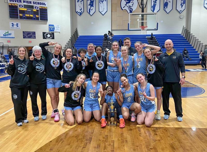 The Cape girls’ basketball team won the Henlopen Conference Championship with a 31-30 victory over Woodbridge. Shown in back are (l-r) assistant coach Noelle Alicea, assistant coach Theresa McCloy, Megan Smith, Jay'Lyn Slater, Kayden Borge Williams, assistant coach Bryan Whitten, Jurnee White, Hayden Hudson, Faith Re, assistant coach Chuck Hudson, Amalia Fruchtman, Maya Yngve and head coach Pat Woods. In front are Macy Steinwedel, Grace Totten, Ja’Onna Lee, Mya Maull and Lulu Rishko. DAN COOK PHOTOS