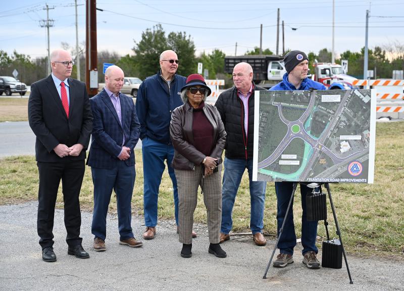 Gathered at the groundbreaking ceremony for the Malfunction Junction project are (l-r) Sen. Russ Huxtable, D-Lewes; Sussex County Administrator Todd Lawson; Sussex County Council President Mike Vincent; Rep. Stell Parker Selby, D-Milton; Speaker of the House Rep. Pete Schwartzkopf, D-Rehoboth Beach; and Delaware Department of Transportation Director of Community Relations Charles “C.R.” McLeod.