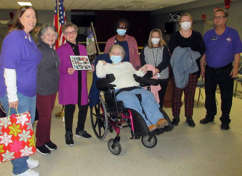 Stockley Center team members and resident Marlene Floyd presented Cape Henlopen Elks with gifts of appreciation, in particular a photo collage of the Elks' December visit. Shown are (l-r) Elks Exalted Ruler Joanne Mayer, Elks Kathy Gillen and Barb Gilsenan; Stockley resident Marlene Floyd, activity aide Genese Reed, activity therapist Laurie Howell, therapist Leanne Mireider, and Elk Loyal Knight Buddy Hall-McBride. SUBMITTED PHOTOS