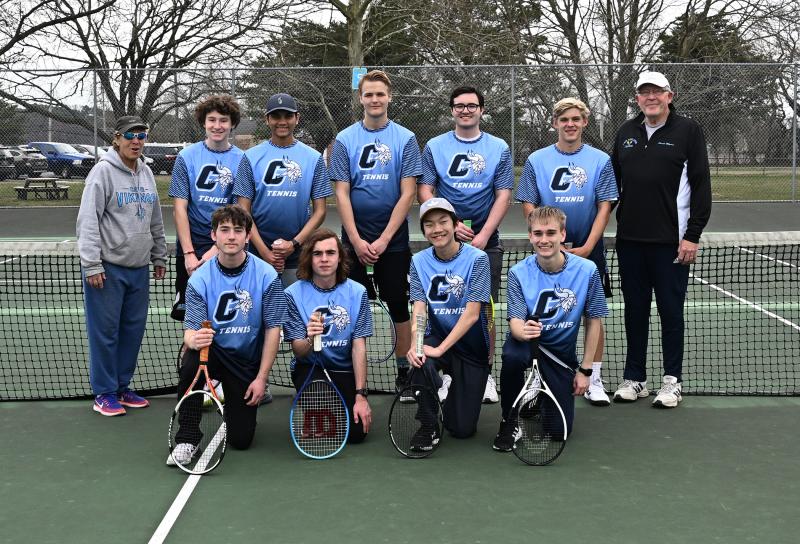 The 2023 Cape boys’ tennis team comprises in back (l-r) coach Maryanne Cardillo, A.J. Justiniani, Krish Prattipati, Oliver Townsend, Alec Radka, Trent Kauffman and coach John Myers. In front are Zach Miller, Jake McLean, Nathan Hoang and Brody Trewartha. Missing from the picture is Aiden Bowman. DAN COOK PHOTOS