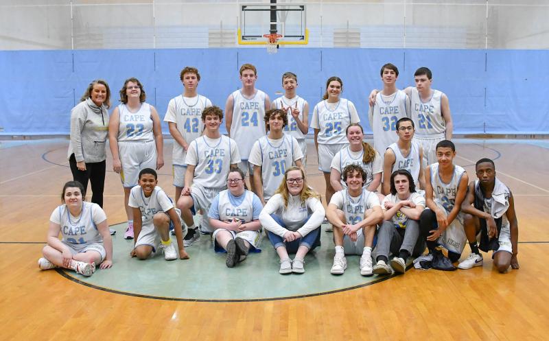 The 2023 Cape unified basketball team comprises in back (l-r) Cape coach Jenn Hagan, Charlotte Maxwell, Luke Burton, Declan Morrissey, Connor Pencek, Grace Hudson, Brexton Carter and Garrett Thawley. Kneeling n middle are Zane Richardson, Jack Huss, Alex Shives, Alivia Heers, Alejandro Alvarez, Kayden Gibbs and Noah Ryan. Sitting in front are Sophia Adams, Sara Davis, assistant coach Liz Shea, Daniel Shives and Isaiah Magathan. DAN COOK PHOTO