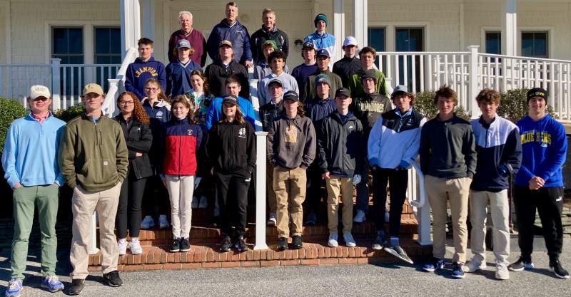 Most of the 2023 Cape golf team on a blustery practice day at Rehoboth Beach Country Club. Shown in no particular order are volunteer coach David Yentzer, head coach Robert Harrod, assistant coach William Geppert, volunteer coach Reed Jones, Paul Reed, Blake Frye, Quinn Rae, Ethan Mercer, Shane Whitham, Logan Gamuciello, Luca Miller, Edward Ghabour, Tyler Healy, Victoria Miller, Madison Mastriana, Dominic Fuscellaro, Travers Johnson, Dalen Daminger, Bret Miller, Gianna Brown, Sarah Lester-Stranick, Madelyn Riccio-Hummell, Joseph Skelly, George Becker, Kingston Davis, Dru Schneider, Luke Dennis, Brendan Staggs, Tyler Mitchell and Chris Runde. Those not shown include Sawyer Carter, Jacob Gabbard, Chad Hughey, volunteer coach Lisa Hutchins and volunteer coach Fritz Schranck. FRITZ SCHRANCK PHOTO