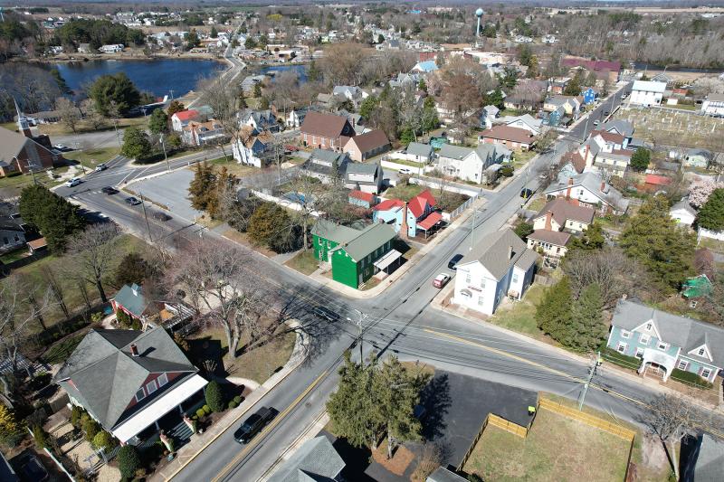 Milton Town Council elected to return a $10,000 state grant intended to conduct a feasibility study of whether to make the town’s four main streets – Chestnut, Federal, Union and Mulberry – into one-way streets with underground utilities and bike lanes. This aerial image shows the intersection of Chestnut, Atlantic and Wharton streets. NICK ROTH PHOTO