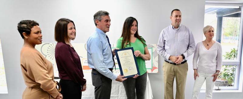 Jenny McMillan accepts a tribute from Gov. John Carney during his tour of JennyGems. In the photo are (l-r) Shavon White, director of the Office of Supplier Diversity; Regina Mitchell, director of the Delaware Division of Small Business; Gov. Carney; McMillan; Sen. Brian Pettyjohn, R-Georgetown; and Rep. Ruth Briggs King, R-Georgetown. RON MACARTHUR PHOTOS