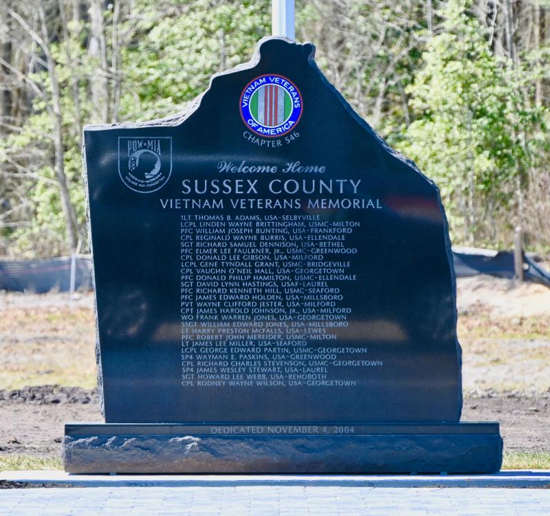 The Sussex County Vietnam War Memorial contains the names of the 26 fallen heroes from the county. Its new home is a memorial park at The Village of College Park in Georgetown.