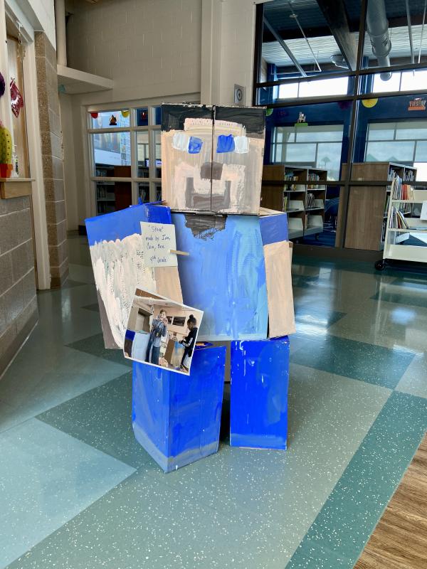 Allread’s art students created cardboard Minecraft characters to welcome classmates in the school lobby. ELLEN DRISCOLL PHOTO