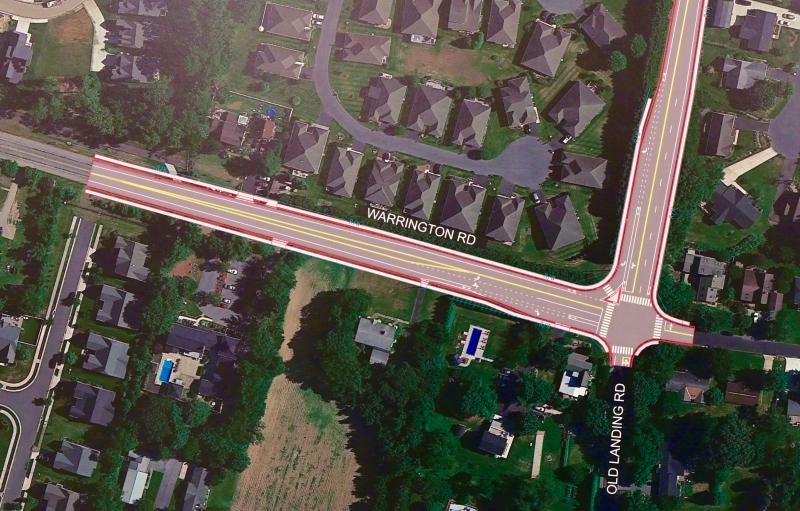 Alternatives for the Warrington Road-Old Landing Road intersection include a new traffic signal with additional turn and through lanes. DELDOT GRAPHIC