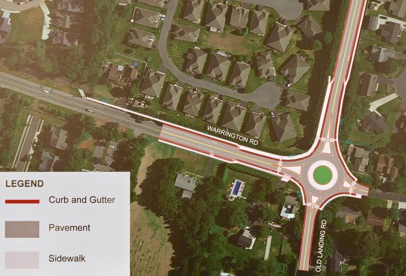 Among the Warrington Road-Old Landing Road intersection improvement alternatives is a standard roundabout with new lanes added to improve traffic flow. DELDOT GRAPHIC
