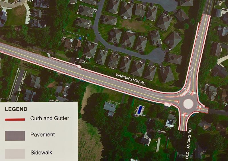 One the Warrington Road-Old Landing Road intersection alternatives includes a mini roundabout with a continuous right lane on Strawberry Way in the Breezewood community. DELDOT GRAPHIC