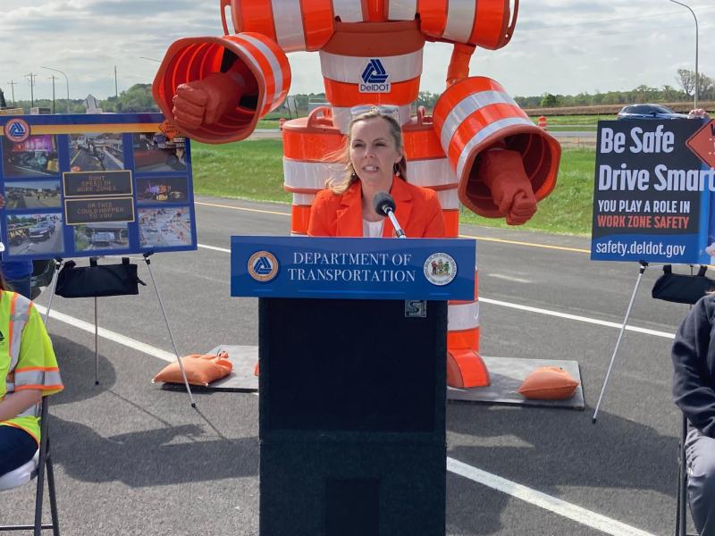 DelDOT Secretary Nicole Majeski gives remarks April 17 at the kickoff to National Workplace Safety Awareness Week, a campaign aimed at getting motorists to slow down through work zones and toll booths. Majeski gave her remarks at the $40 million intersection improvement project at Route 1 and Route 16. RYAN MAVITY PHOTOS