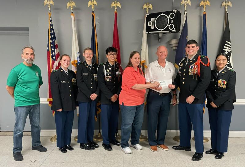 Cape JROTC check presentation attendees shown are (l-r) Elks Lodge Veterans Committee member Dan Celia; 2nd Lt. Montana Jones; 2nd Lt. Grace Wiggins; Maj. Bryan Ramirez; Elks Lodge Exalted Ruler Joanne Mayer; Elks Lodge Veterans Committee Chair Bob Trafton; Lt. Col. Issac League, battalion commander; and Capt. Linda Gutierrez. Not pictured are Col. Ron Erale , JROTC officer in charge; and Sgt. 1st Class Richard T. Hurt, staff instructor. SUBMITTED PHOTO