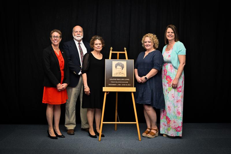Delaware Technical Community College’s Owens Campus in Georgetown inducted Leanne Phillips-Lowe into its Hall of Fame April 21. Phillips-Lowe worked at the college for 26 years, retiring in 2012 as public relations manager. Shown with Phillips-Lowe, center, are (l-r) Vice President and Campus Director Dr. Bobbi Barends; husband Tony Lowe; daughter Kateri Lambrose; and niece Trisha Newcomer. SUBMITTED PHOTO