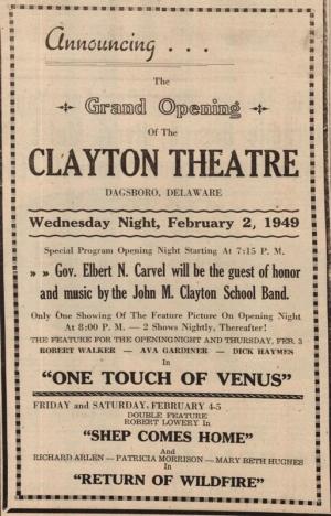 A newspaper advertisement announces the grand opening of the Clayton Theater Feb. 2, 1949, in downtown Dagsboro. JIM BOWDEN COLLECTION