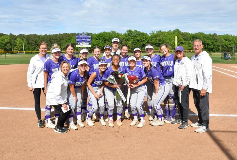 The Royals celebrated with seniors Kaylan Yoder and Lily Fetterman before the game. Shown in back are (l-r) assistant coach Hannah Yoder, Izzy Stubbs, Eve Bohinski, Lily Sells, Lily Hutt, Maggie Kwiatkowski, assistant coach Chuck Hall, Lydia Woods, Rachel Hall, Taylor Lowe, Katie Thompson, head coach Rachel Fetterman and assistant coach Verle Schlabach. In front are assistant coach Wendy Kwiatkowski, Kylie McCabe, Bella Marinelli, captain Kaylan Yoder, captain Lily Fetterman and Ryley McCluskey.