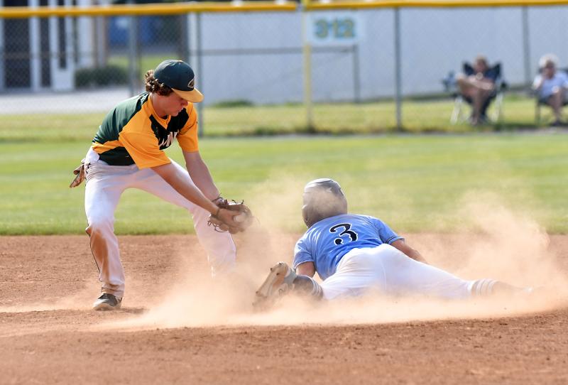 Indian River’s Chase Ruley just misses the tag on Cape’s Owen Daminger.