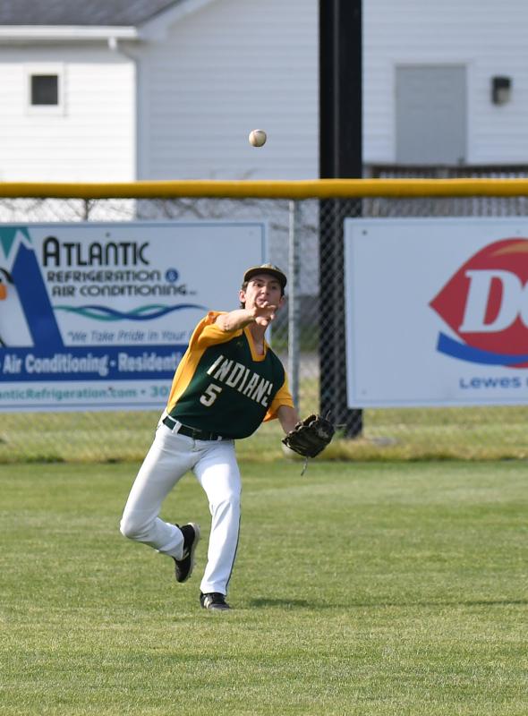 Indian River outfielder Aiden Pszczola gets the ball in quickly after a Cape hit.