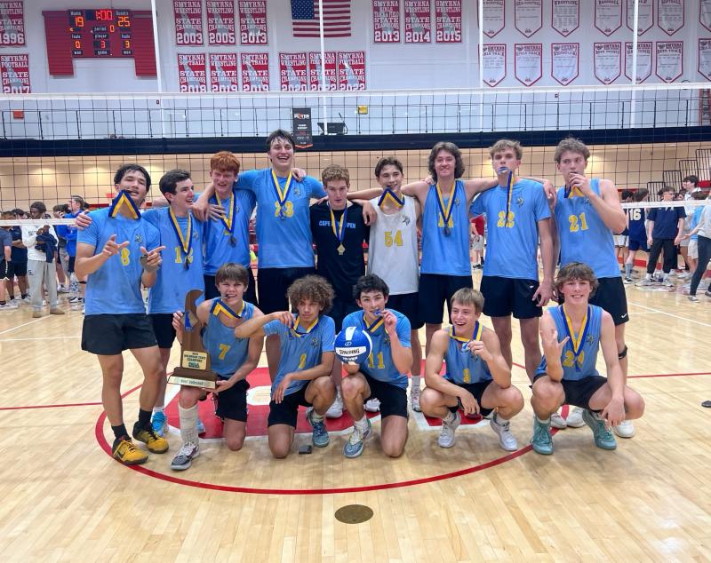 Cape upset top-seeded and previously undefeated Salesianum May 23 to win the DIAA’s first sanctioned boys’ volleyball state tournament. Shown in back are (l-r) Charlie Casas, Kieran Morrissey, Blake Catts, Odin Potemski, Declan Morrissey, Niko Panyko, Billy Cerf, Ryan Diller and Dylan Henry. In front are Talan Stephens, Tias Small, Brady Lamb, Mason Mendez and Bryce Patterson. DAN COOK PHOTOS