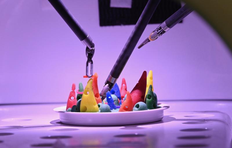 The robotic arms, controlled by members of the public, pick up and move small rubber bands from cone to cone to demonstrate the technology’s precision.