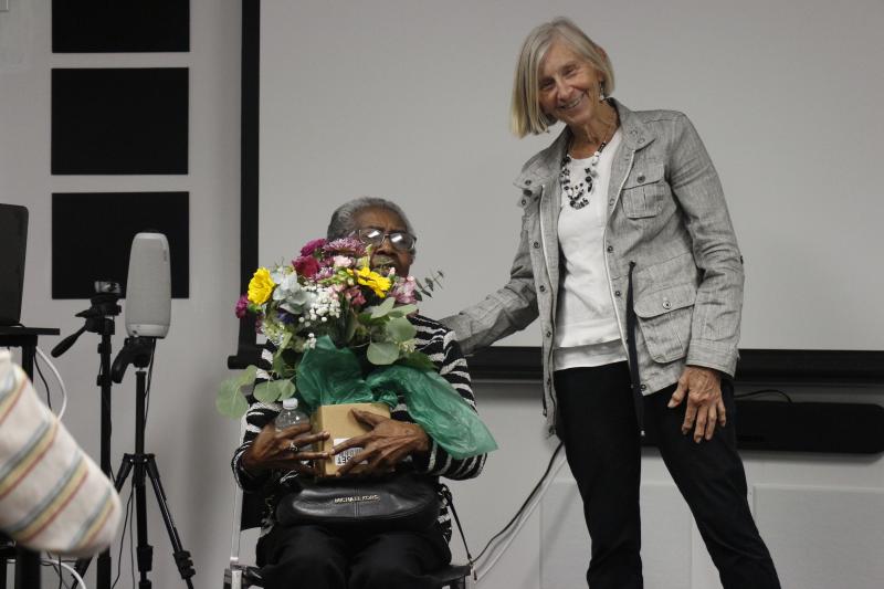 Laurie Roshfeld, who leads the private movie club, presented Ms. Kitty Perry with a bouquet of flowers following a question-and-answer session held after the film.