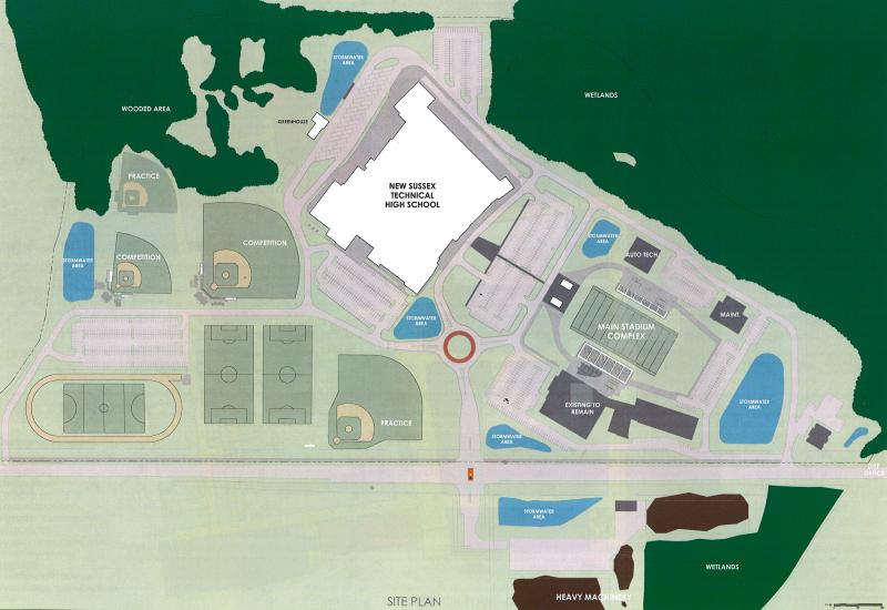 The new high school will be constructed adjacent to the existing school. Most of the current school will be demolished. SUSSEX TECH GRAPHIC