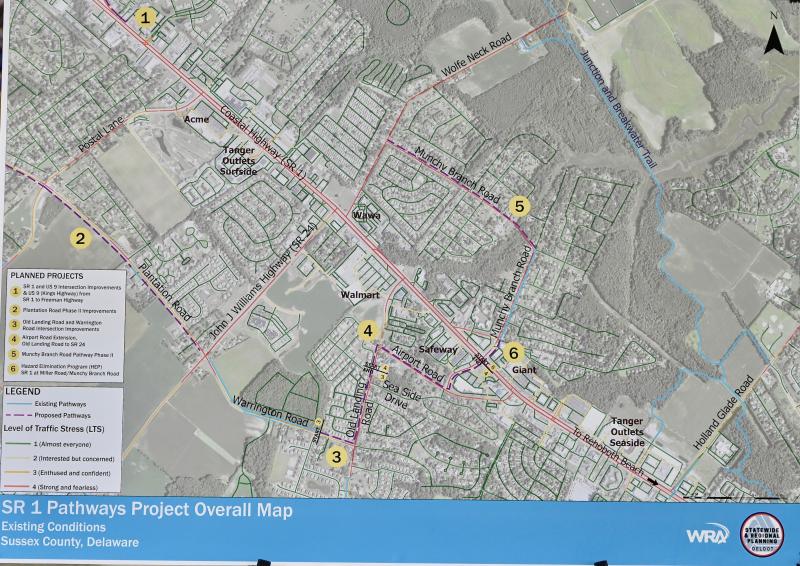 Six road/intersection improvement projects are scheduled in or near the study area: 1. Intersection at Route 1 and Kings Highway and the Kings Highway corridor to Freeman Highway in Lewes; 2. Plantation Road Phase 2 between Lewes and Rehoboth; 3. Intersection at Old Landing and Warrington roads near Rehoboth; 4. Airport Road extension to Route 24 near Rehoboth; 5. Munchy Branch Road Phase 2 near Rehoboth; and 6. Crossing of Route 1 at at Miller and Munchy Branch roads. DELDOT GRAPHIC