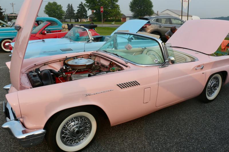 The 1957 Ford Thunderbirds appear to be “His” and “Hers,” but Tom Rosinki’s shade of pink is a tribute to flamingos. It does seem to fit perfectly next to Andy Rominiecki’s robin’s egg shell blue Thunderbird.
