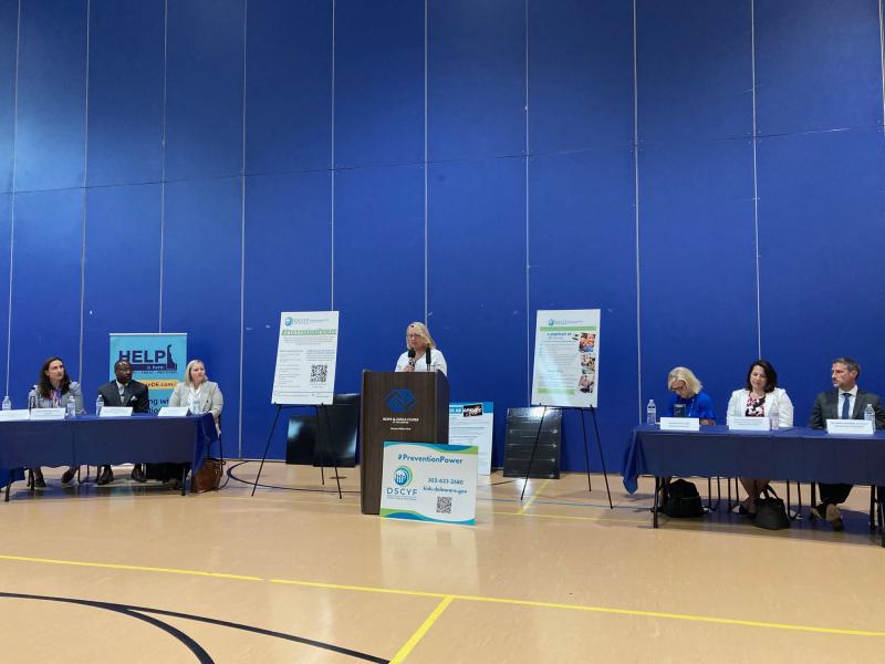 State officials and medical professionals came together at Milford Boys and Girls Club June 2 to hold a briefing on drug use and overdoses in the state. Much of the focus of the event was to discuss education initiatives to keep kids off drugs. Taking part are (l-r) Delaware Department of Health and Social Services Secretary Molly Magarik, Tom Morrison, Sabra Collins, Peggy Geisler, Lt. Gov. Bethany Hall-Long, Department of Services for Youth, Children and Their Families Secretary Josette Manning and Education Secretary Mark Holodick. RYAN MAVITY PHOTO