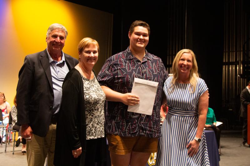 Zachary Naar received the Matthew K. Siemionko Memorial Scholarship and Thespians Outstanding Senior Award. Shown are (l-r) Roger and Susan Siemionko, Naar and Principal Kristin DeGregory.