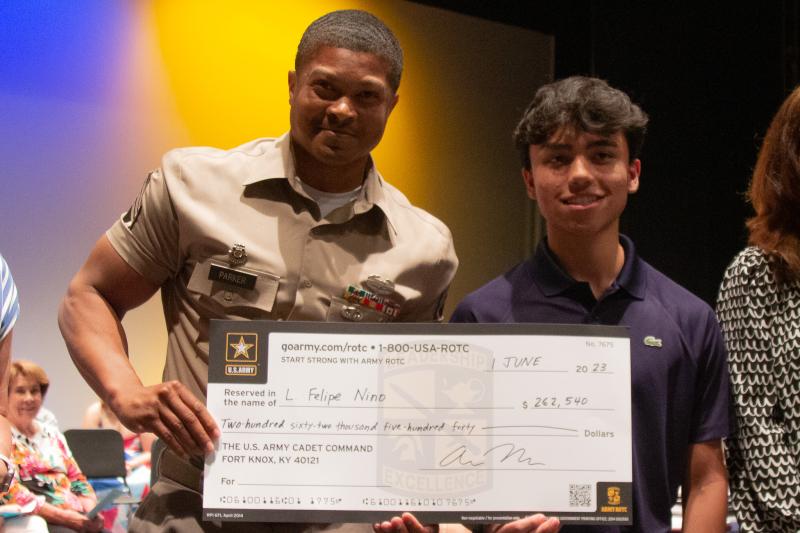 Luis Nino received the Vanderbilt University Army ROTC Scholarship $225,108. Nino is shown with Staff Sgt. Parker.