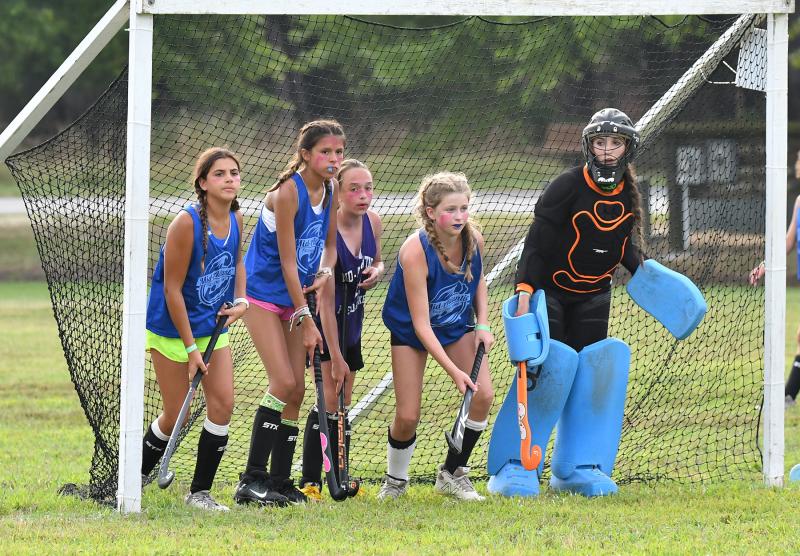 Ready to defend a penalty corner are (l-r) Jane Gupta, Ella Cunningham, Kaylee Newcomer, Sam Moritsch and goalie Kayla Forester.