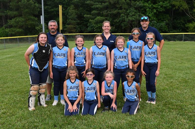 The Cape Minor League Softball All-Stars are in back (l-r) coach Tony Willey, manager Jennifer Willey and coach Marc Frey. In middle are Lila Lanouette, Betsy Love, Lexi Crossan, Pyper Willey, Abby Frey, Carlee Cabello and Lily Frey. In front are Katie Resnick, Sydney Bryan, Emma Gambale and Gia Scott. DAN COOK PHOTOS