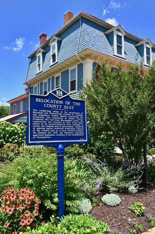 The area around The Circle in Georgetown contains the most historical markers in one area. One marker recalls the move of the County Seat from Lewes to Georgetown in 1791, a new town established by the General Assembly.