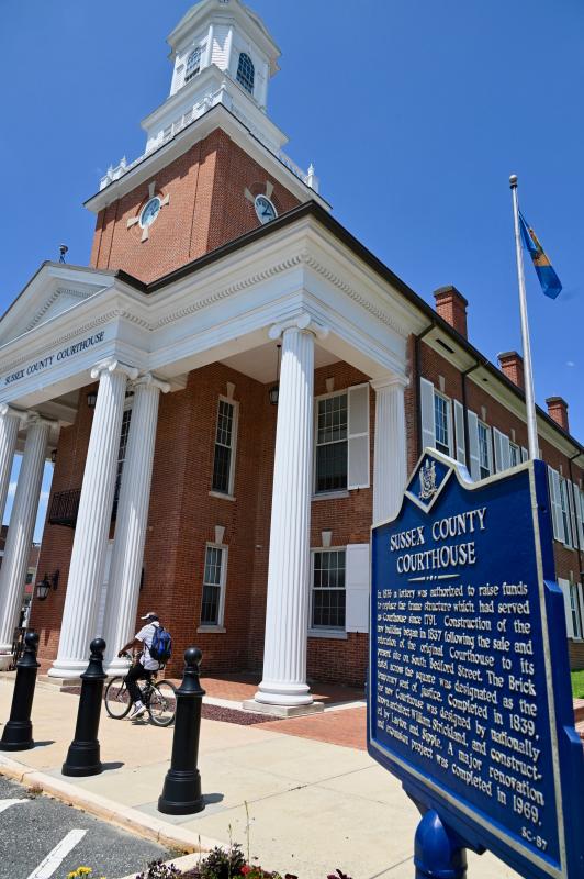 The Sussex County Courthouse, the most recognizable landmark on The Circle in Georgetown, replaced the original courthouse around the corner on South Bedford Street in 1839.