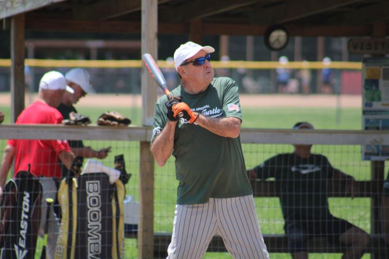 Frankie Kerns, 84, has played in senior league softball tournaments up and down the East Coast. The second-oldest player in the league, Kerns is an automatic single for any pitch over the plate from the chest up, as he demonstrated during this June 15 at-bat.